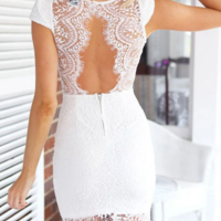 V-Neck Sexy White Short Sleeve Lace Dress - Thumbnail 2