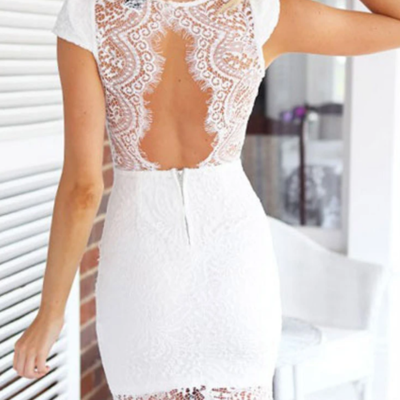 V-neck sexy white short sleeve lace dress