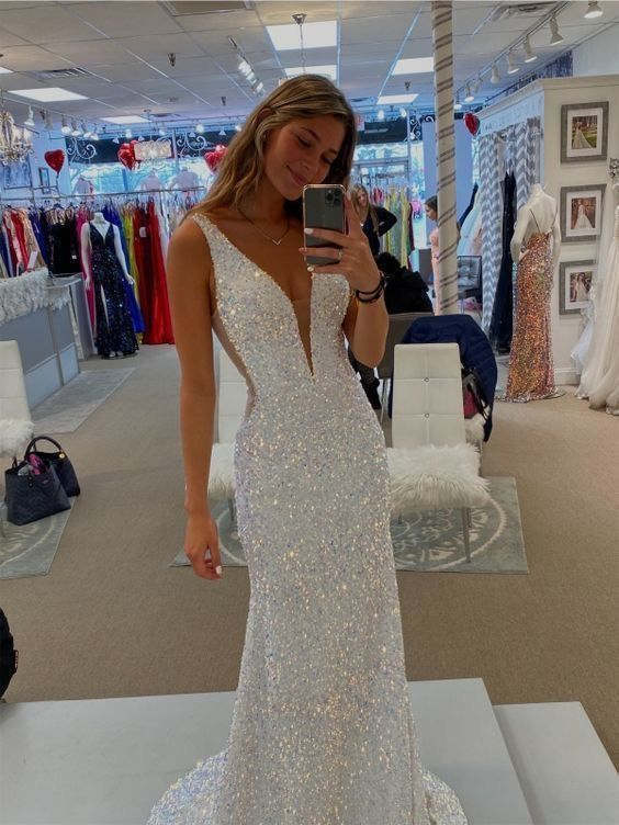 Glitter Plunging Neck White Long Prom Dress