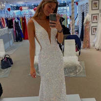 Glitter Plunging Neck White Long Prom Dress
