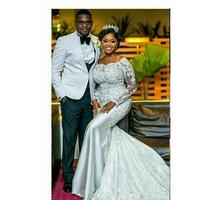 Wedding Dresses Sweetheart Neckline with Sheer Lace Appliqued Long Sleeves Chapel Train Length African Black Girl Bridal Gowns,949 - Thumbnail 3