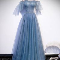 Sparkly Gorgeous A Line Off the Shoulder Dusty Blue Tulle Prom Dresses with Beading - Thumbnail 1