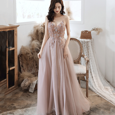 Cute v neck tulle long a line prom dress evening dress - Thumbnail 2