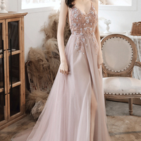 Cute v neck tulle long A line prom dress evening dress - Thumbnail 1