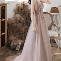 Cute v neck tulle long A line prom dress evening dress - Thumbnail 4