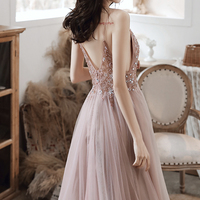 Cute v neck tulle long A line prom dress evening dress - Thumbnail 7