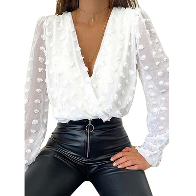 Women's Deep V Neck Long Sleeve Chiffon Shirt