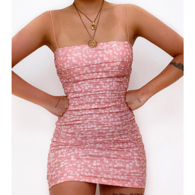 Pink sling floral tight dress