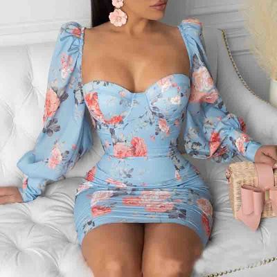 Women's floral long-sleeved tight-fitting hip dress