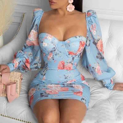 Women's floral long-sleeved tight-fitting hip dress