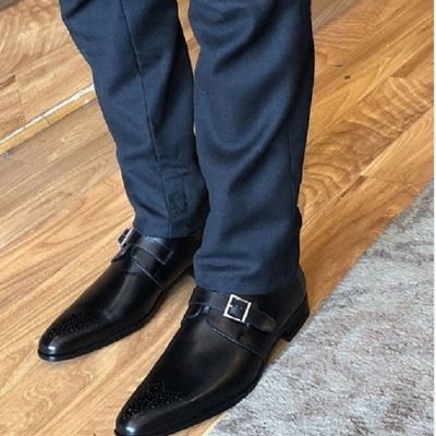 Handmade men single monk leather shoes, men black dress shoes - Thumbnail 1