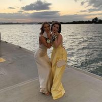 Simple A-Line Yellow Satin Long Prom Dresses Cross Back Evening Dresses with Slit Under 100 - Thumbnail 2