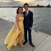 Simple A-Line Yellow Satin Long Prom Dresses Cross Back Evening Dresses with Slit Under 100 - Thumbnail 1