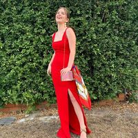 Elegant Sheath Square Neck Red Satin Long Prom Dresses with Slit - Thumbnail 2