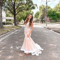 Cute Mermaid V Neck Blush Pink Long Prom Dresses with Lace Appliques - Thumbnail 1