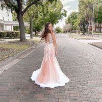 Cute Mermaid V Neck Blush Pink Long Prom Dresses with Lace Appliques - Thumbnail 3