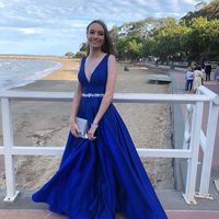 Elegant A-Line V Neck Royal Blue Satin Long Prom Dresses - Thumbnail 3