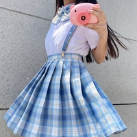 JK Blue Plaid Suspender Skirt - Thumbnail 4