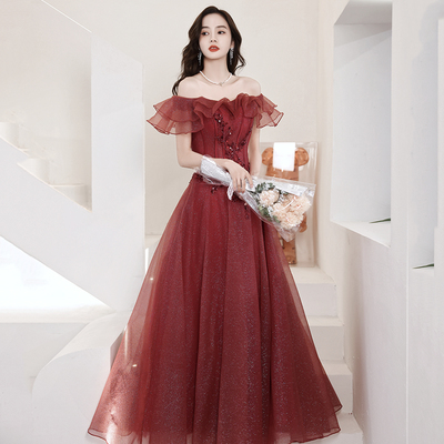 Burgundy tulle long a line prom dress evening dress - Thumbnail 4