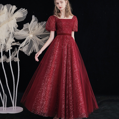 Burgundy tulle a line prom dress burgundy evening dress - Thumbnail 4