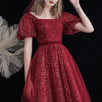 Burgundy tulle A line prom dress burgundy evening dress - Thumbnail 2