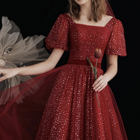 Burgundy tulle A line prom dress burgundy evening dress - Thumbnail 3