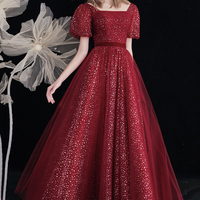 Burgundy tulle A line prom dress burgundy evening dress - Thumbnail 5