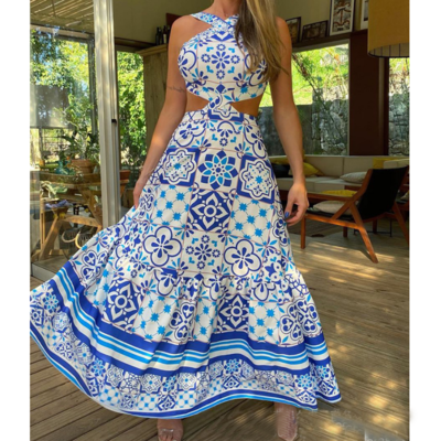 Women's open back sexy printed sleeveless dress