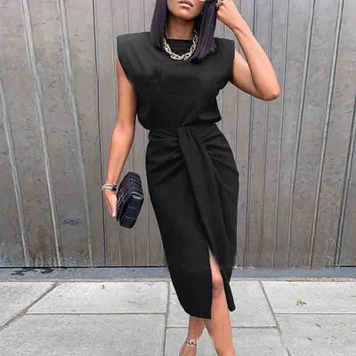 Black solid color split sleeveless dress