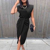 Black Solid Color Split Sleeveless Dress - Thumbnail 1