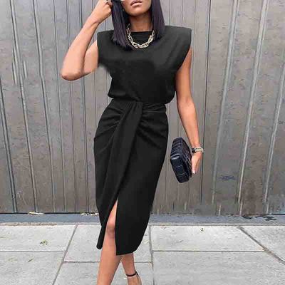 Black solid color split sleeveless dress