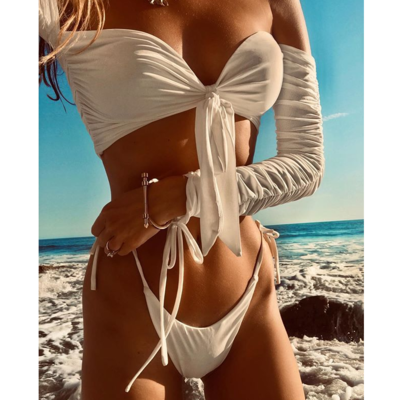 Solid color long sleeve sexy bikini bow swimsuit - Thumbnail 4