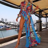 Sexy Long Sleeve Chiffon Deep V Beach Dress - Thumbnail 2