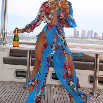 Sexy long sleeve chiffon deep v beach dress