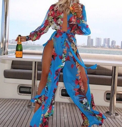 Sexy Long Sleeve Chiffon Deep V Beach Dress