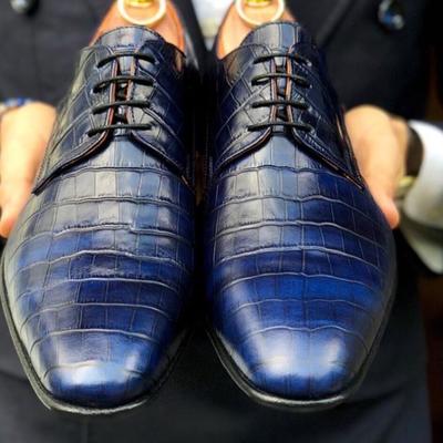 Men luxury blue black tone alligator skin lace up handmade wedding shoes - Thumbnail 3