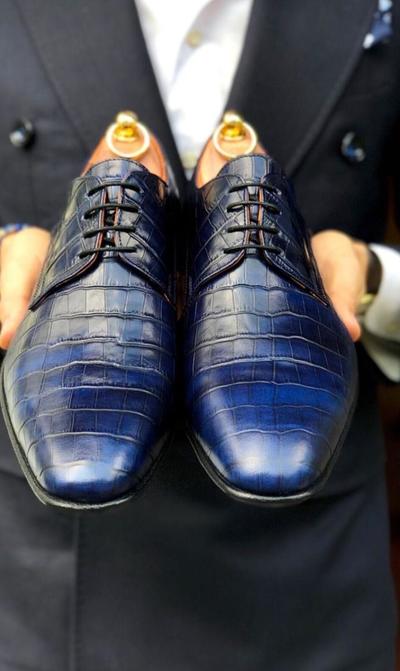 Men Luxury Blue Black Tone Alligator Skin Lace Up Handmade Wedding Shoes