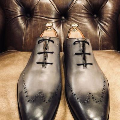 Luxury sale men grey black wing tip lace up leather handmade manfacturing shoes - Thumbnail 5