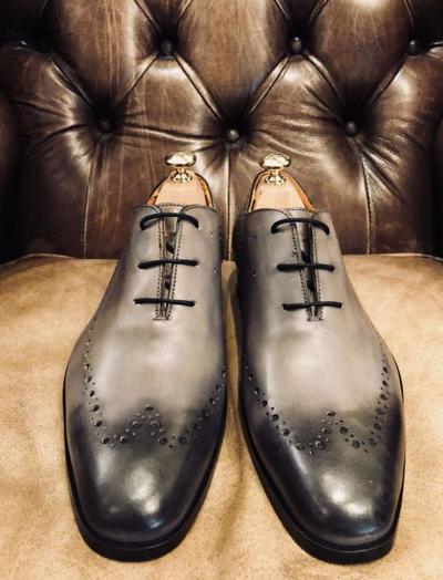 Luxury Sale Men Grey Black Wing Tip Lace Up Leather Handmade Manfacturing Shoes