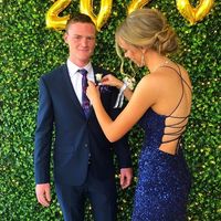 Chic Mermaid Scoop Neck Cross Back Royal Blue Sequin Long Prom Dresses with Slit - Thumbnail 1