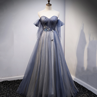 Blue tulle long a line prom dress blue evening dress - Thumbnail 3