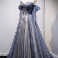 Blue Tulle Long A Line Prom Dress Blue Evening Dress - Thumbnail 2