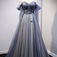 Blue Tulle Long A Line Prom Dress Blue Evening Dress - Thumbnail 5