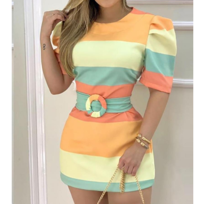 Round neck women's striped print short sleeve dress