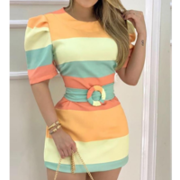 Round Neck Women's Striped Print Short Sleeve Dress - Thumbnail 1