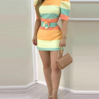 Round Neck Women's Striped Print Short Sleeve Dress - Thumbnail 2