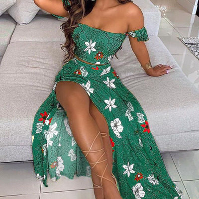 Sexy short-sleeved printed split two-piece dress