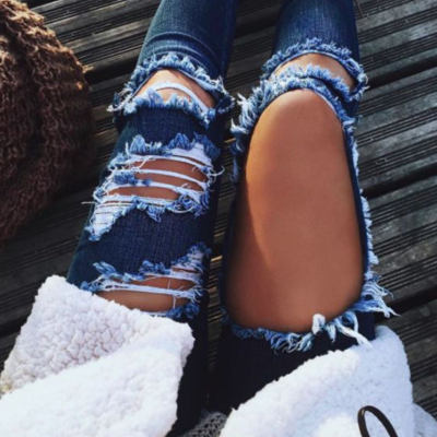 Women high waist ripped jeans skinny hole denim pants
