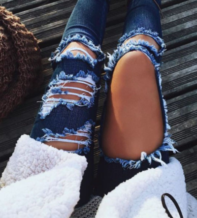 Women High Waist Ripped Jeans Skinny Hole Denim Pants