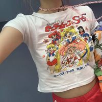 Japanese Anime Cartoon White Crop Top Short Sleeve T-shirt - Thumbnail 1